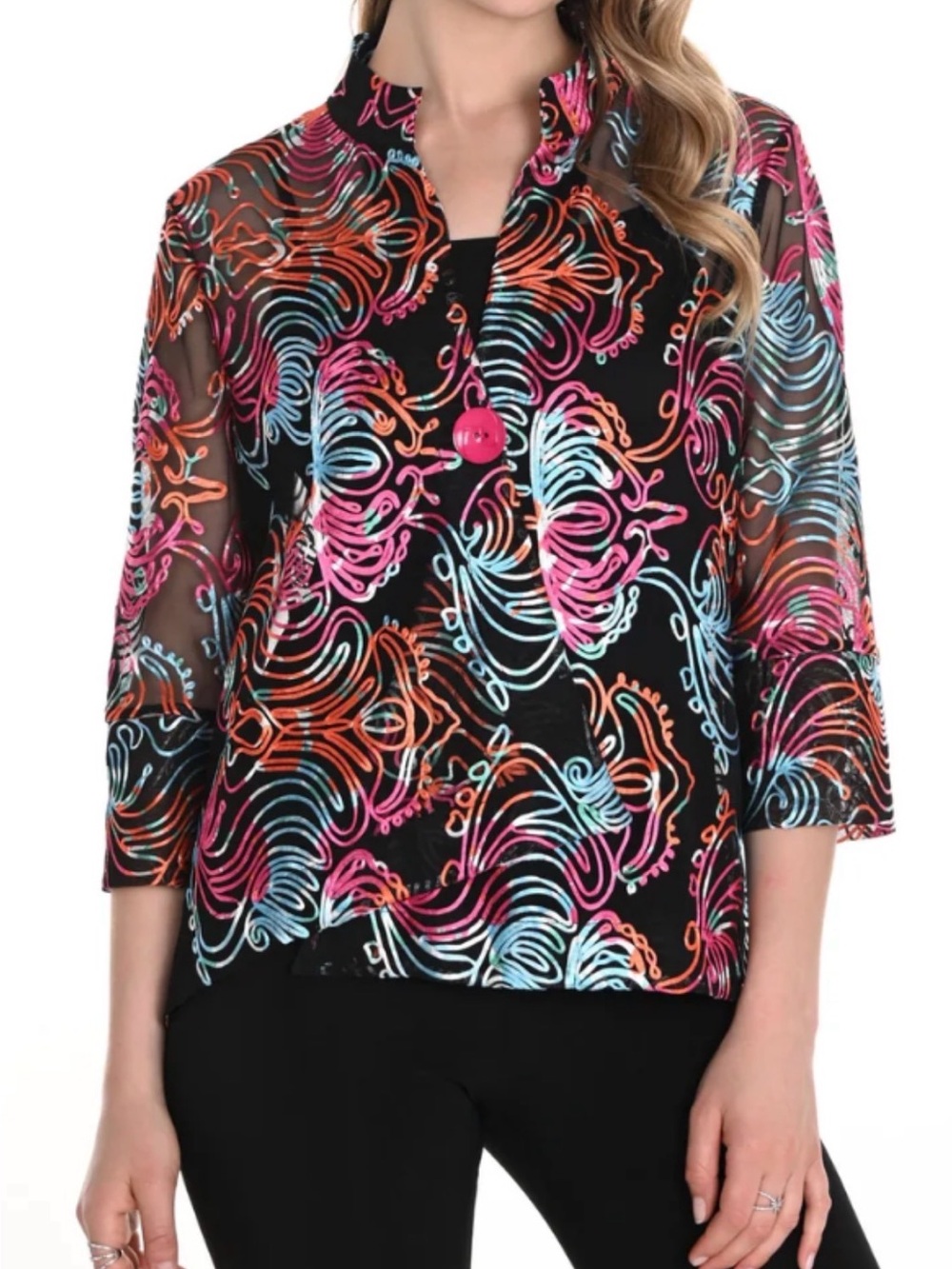 Frank Lyman Design Black Sheer Jacket Abstract Swirling Embroidery NWT SZ 20